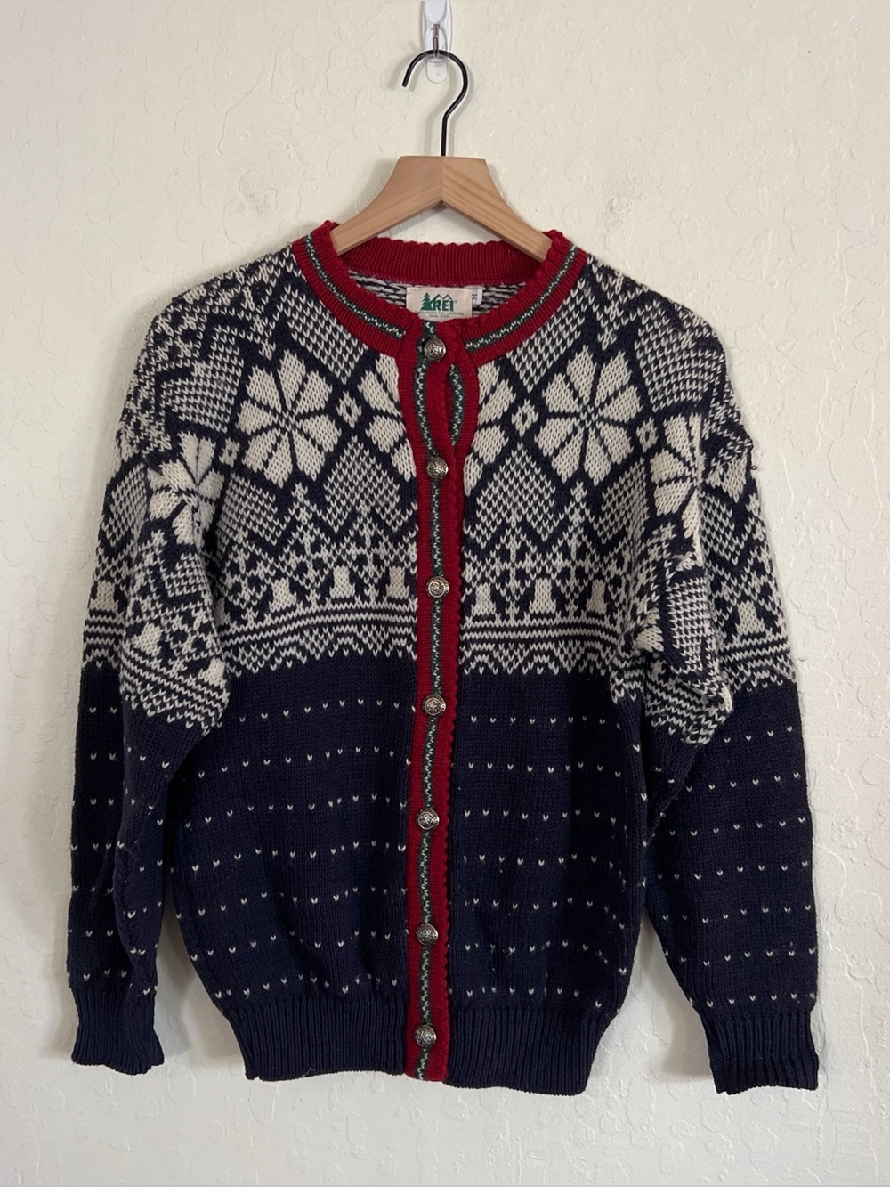 Vintage REI 100% Pure Wool Nordic Fair Isle Cardigan Sweater Medium Blue Red
